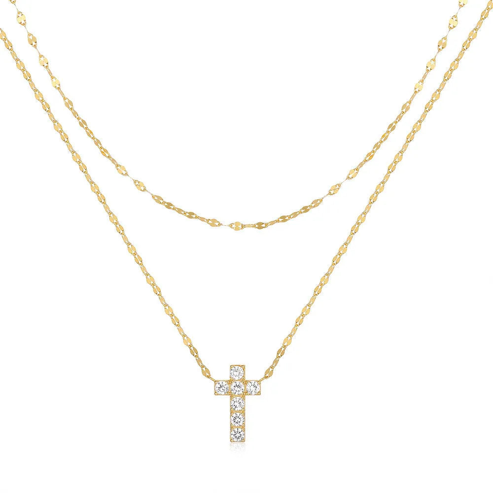 S925 Sterling Silver necklace with a geometric double-layer cross pendant featuring twin diamond detailing.