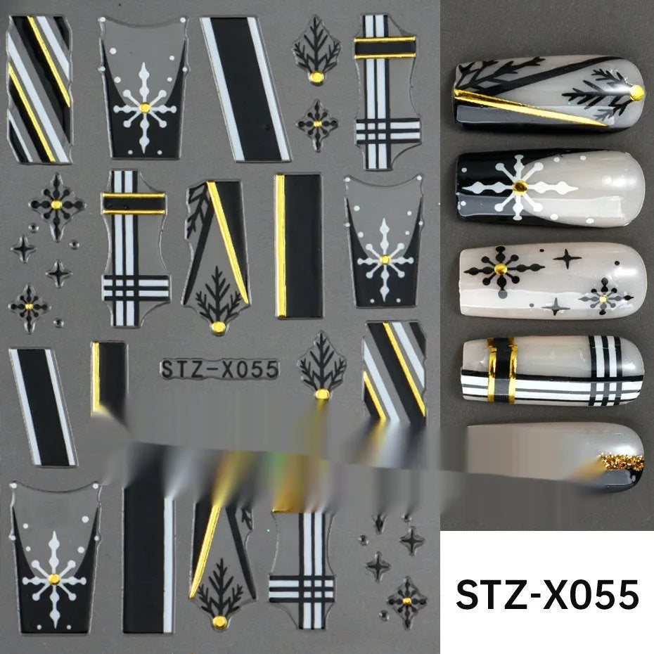 Sheet of black and silver stripe nail art stickers from a cartoon series for DIY manicures.
