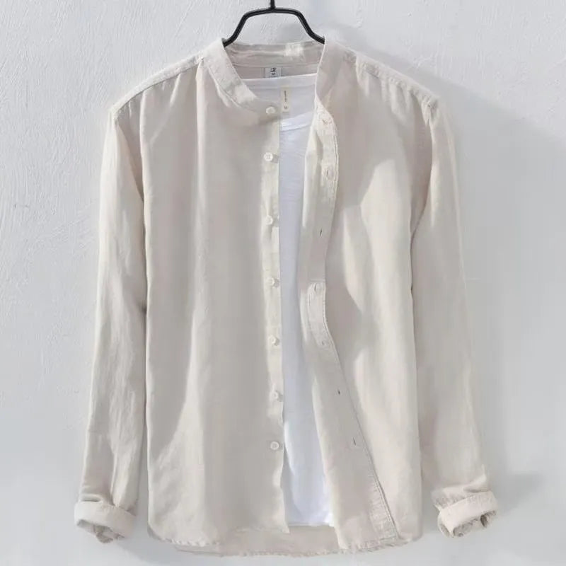 Men's loose fit linen cotton long sleeve shirt in dark blue colour showing button-up design