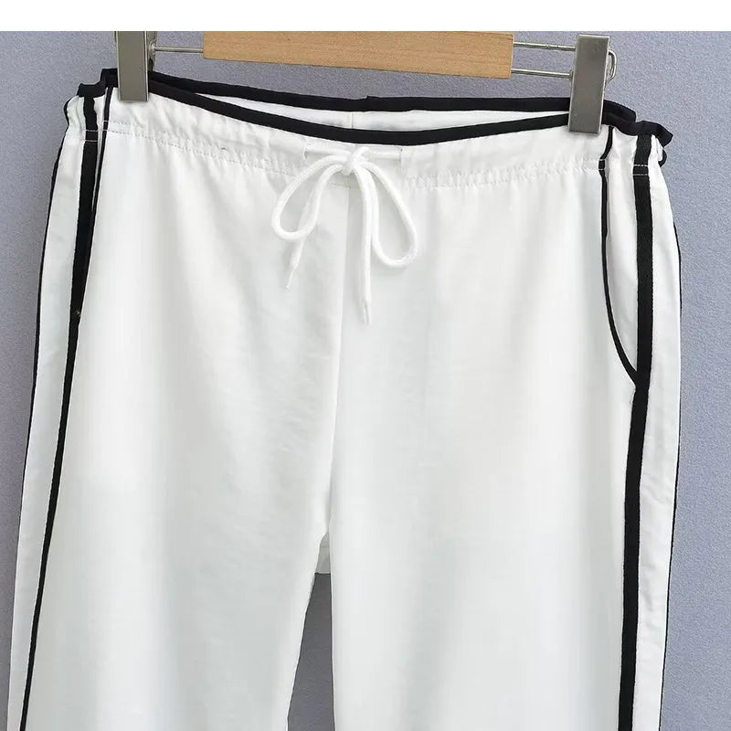 Women's ribbon parallel bars contrast colour loose straight slim draping trousers in thin fabric