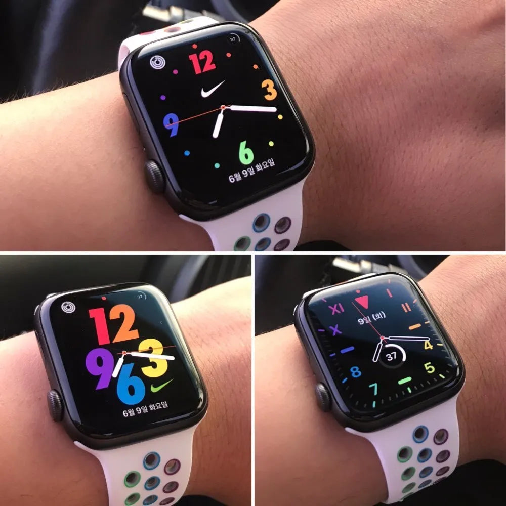 A black silicone sports wristband with a buckle strap, shown in 38x40mm and 42x44mm sizes.