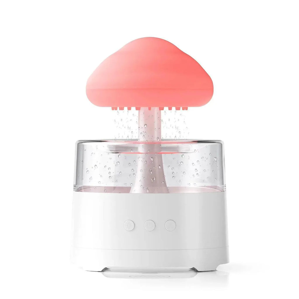 White resin mushroom cloud shaped desktop aroma diffuser with colourful light modes and USB cable