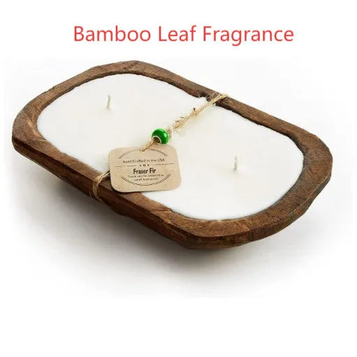 Retro lavender wooden basin containing a soy wax aromatherapy candle with a three-lamp wick.