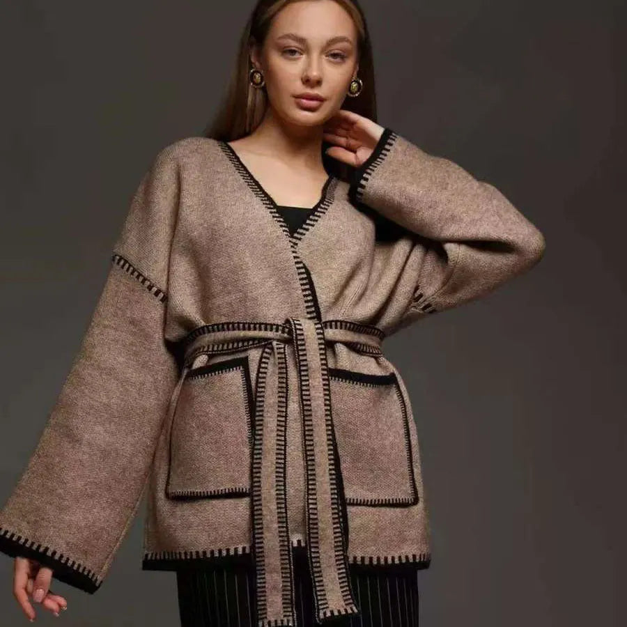 Lace-up knitted cardigan in camel colour with loose fit and mid-length design