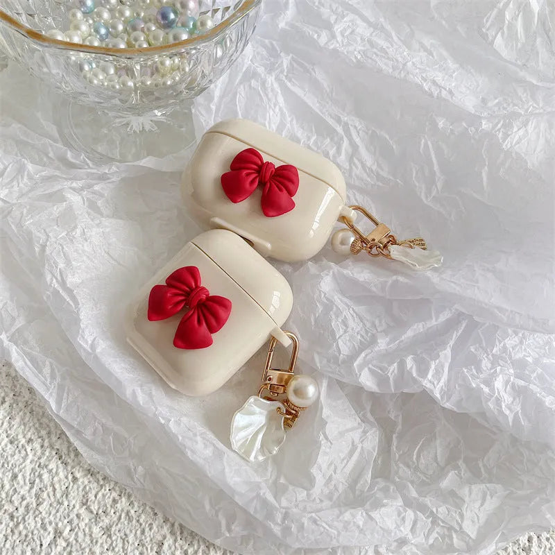 Beige red bow shell TPU clamshell case for AirPods wireless earphones
