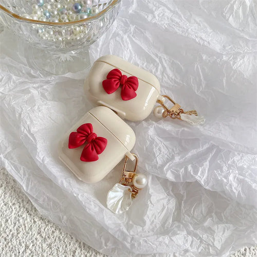 Beige red bow shell TPU clamshell case for AirPods wireless earphones