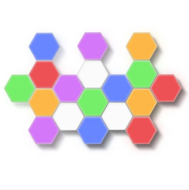 Hexagonal honeycomb wall lamp modules arranged in pattern with touch control and LED lighting