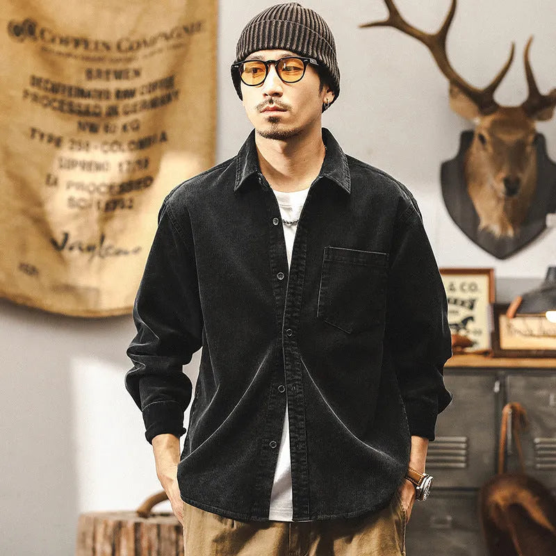 Men's red corduroy shirt jacket with long sleeves and loose fit casual design