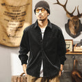 Men's red corduroy shirt jacket with long sleeves and loose fit casual design