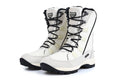 Women's mid-calf genuine leather snow boots in black with a round toe and rubber sole.