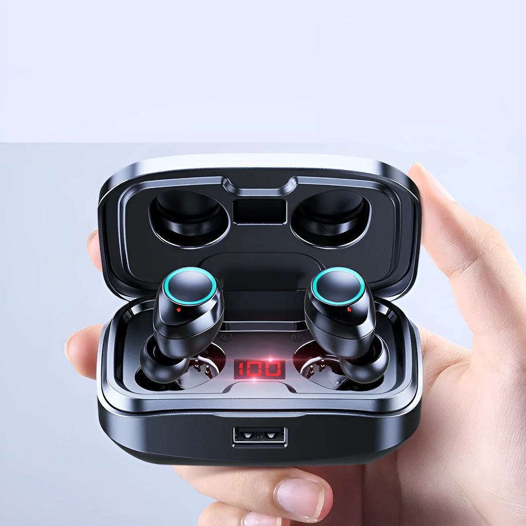 Black wireless Bluetooth earphones with in-ear design showing stereo binaural configuration