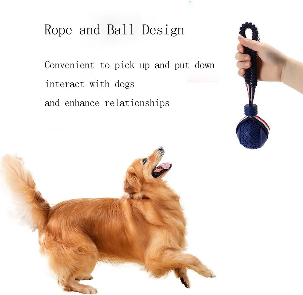 Natural rubber dog ball with rope toy in blue or red featuring textured surface for teeth cleaning