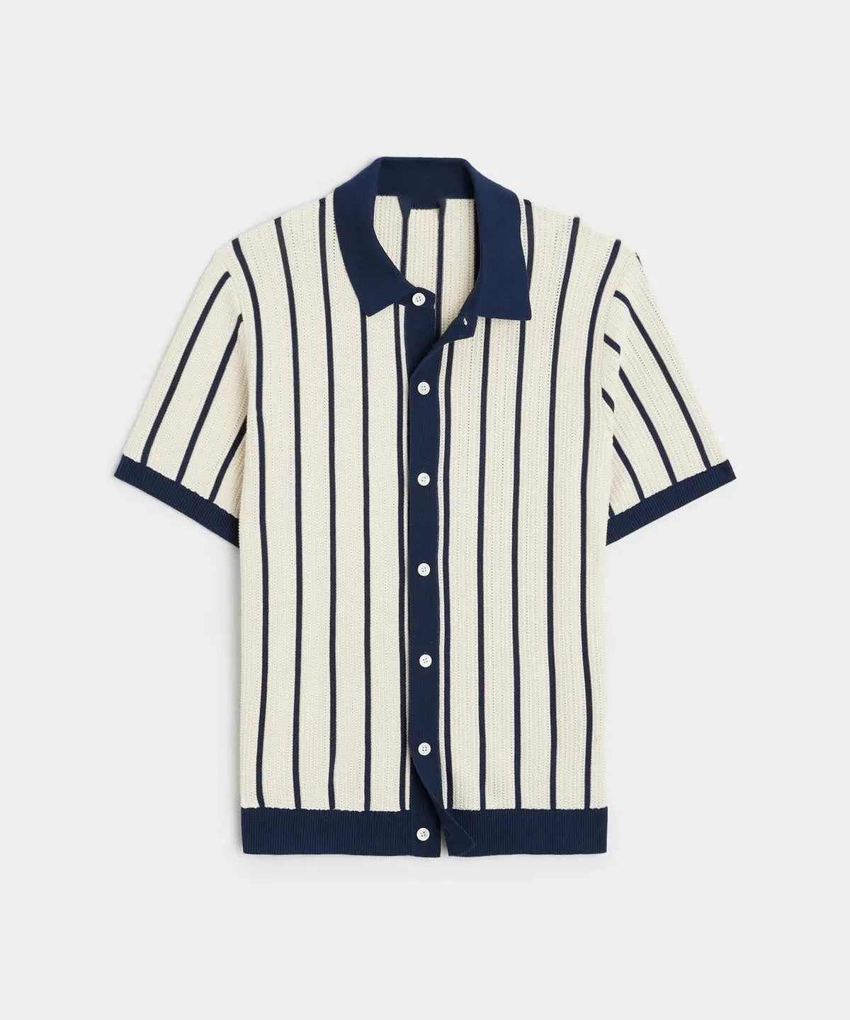 Men's white knitted short sleeve top with asymmetric lapel collar design and striped pattern detail