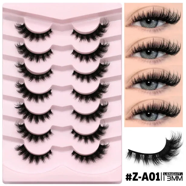 Box of artificial fibre false eyelashes with glue in six style options for a natural long look.