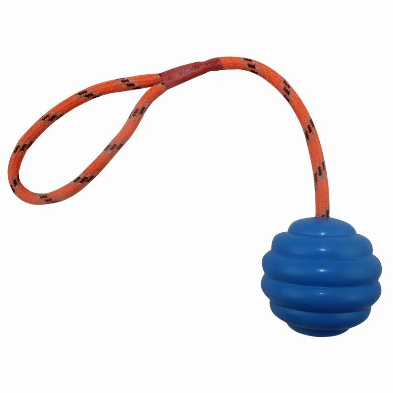 Multi-colour rubber pet ball with rope knots measuring 6x30cm for interactive chew and fetch play