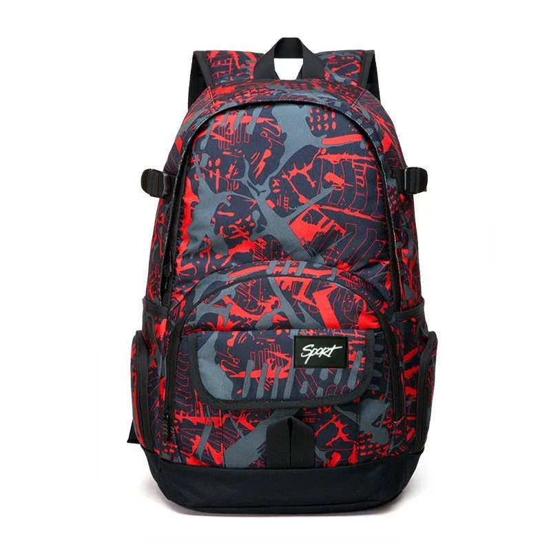 Blue and red classic nylon backpack with large main compartment and front pockets