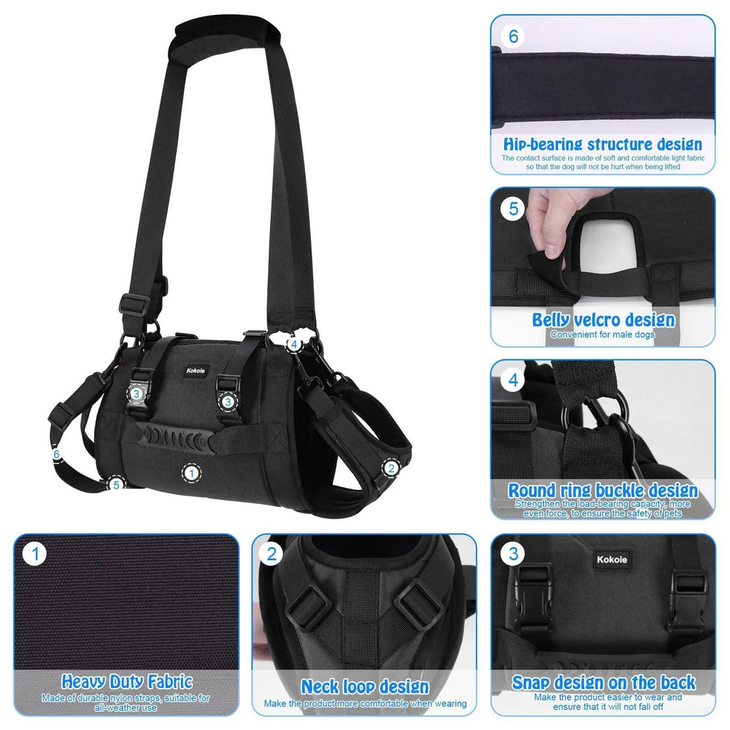 Black Oxford cloth dog rehabilitation support harness showing breast strap design for leg and chest support