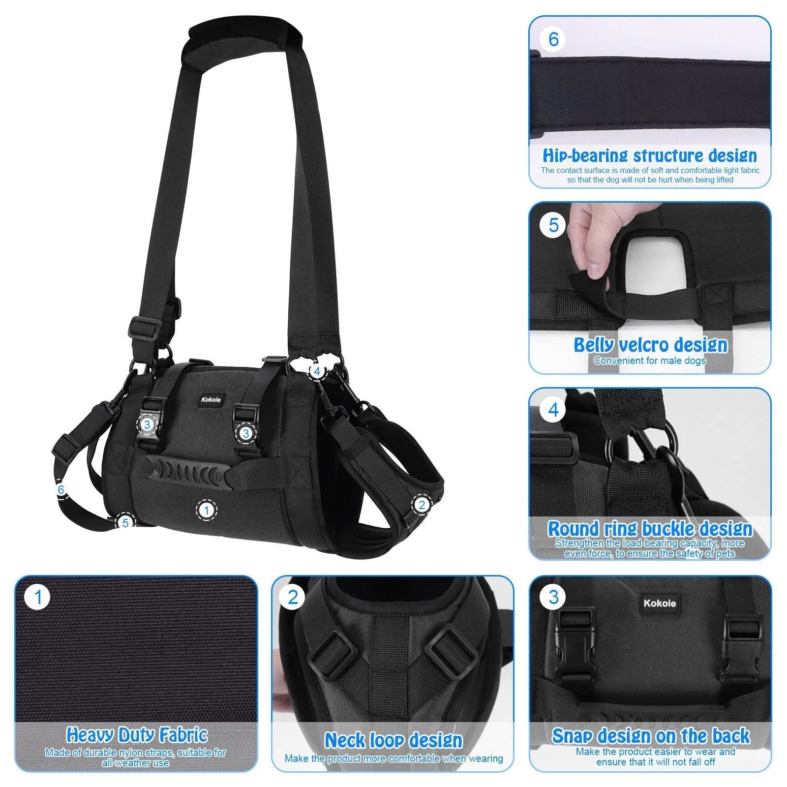 Black Oxford cloth dog rehabilitation support harness showing breast strap design for leg and chest support