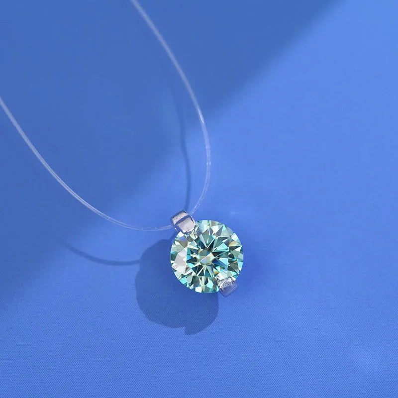 Women's silver clavicle chain necklace with a floating moissanite stone and plum blossom detail.