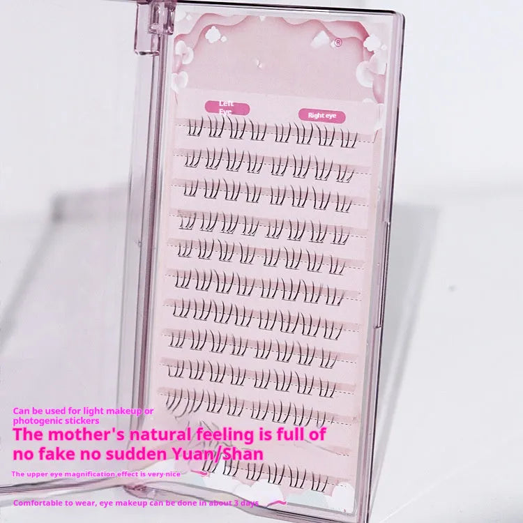 False eyelashes with kitten's paw lower lashes showing 12-row volume and graduated 4-5-6mm lengths