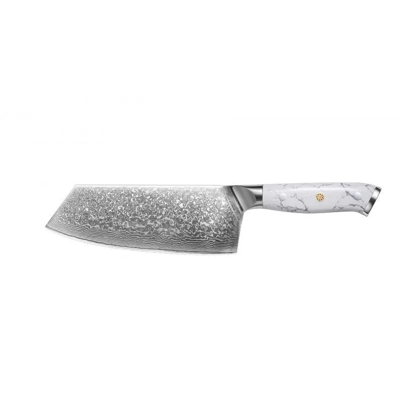 Damascus style combined chef's knife with VG10 steel blade, 21cm blade length on a wooden surface.