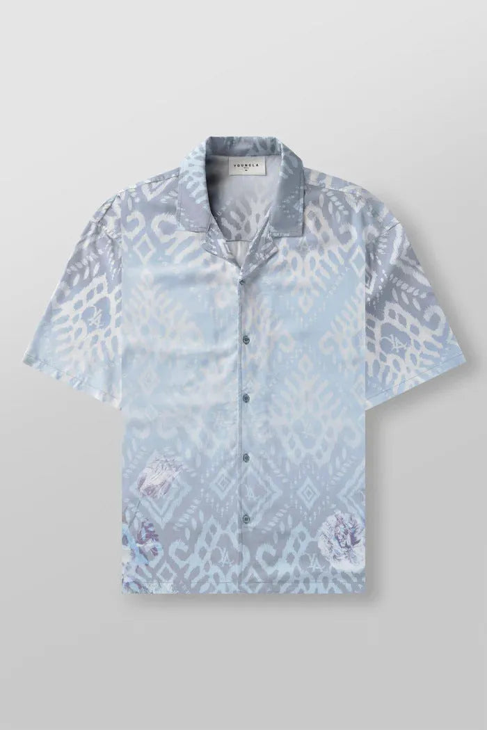 Men's printed casual top with flower pattern, loose cardigan style, and short sleeves in elastic polyester fabric