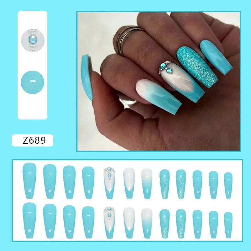 Smart blue diamond solid colour long ballet acrylic nail patches with adhesive glue