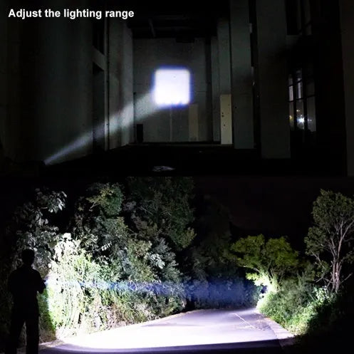 Black aluminium alloy telescopic LED torch with clip, showing extended and retracted zoom positions