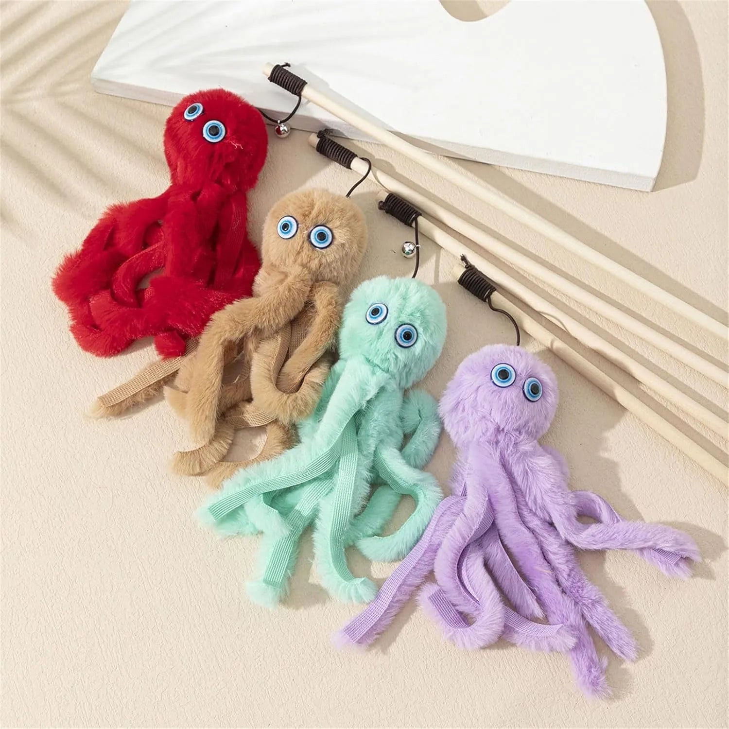 Colourful octopus cat toy on a long stick for indoor kittens and cats