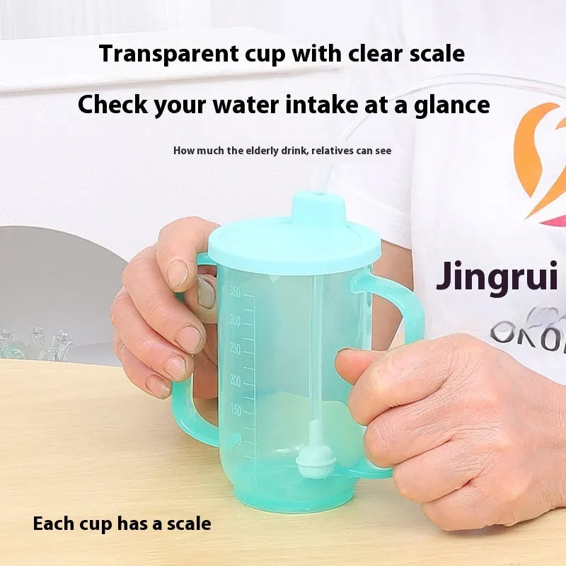 PP plastic anti-choke drinking cup with slanted mouth, handle, and lid for bed care.