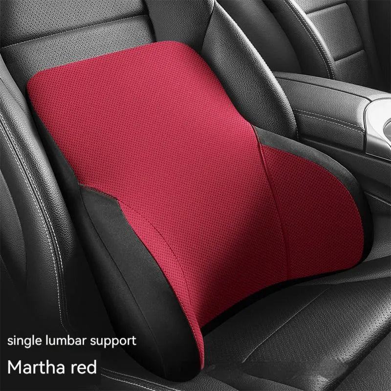 Black memory foam car headrest and lumbar support pillow set with knitted fabric cover.