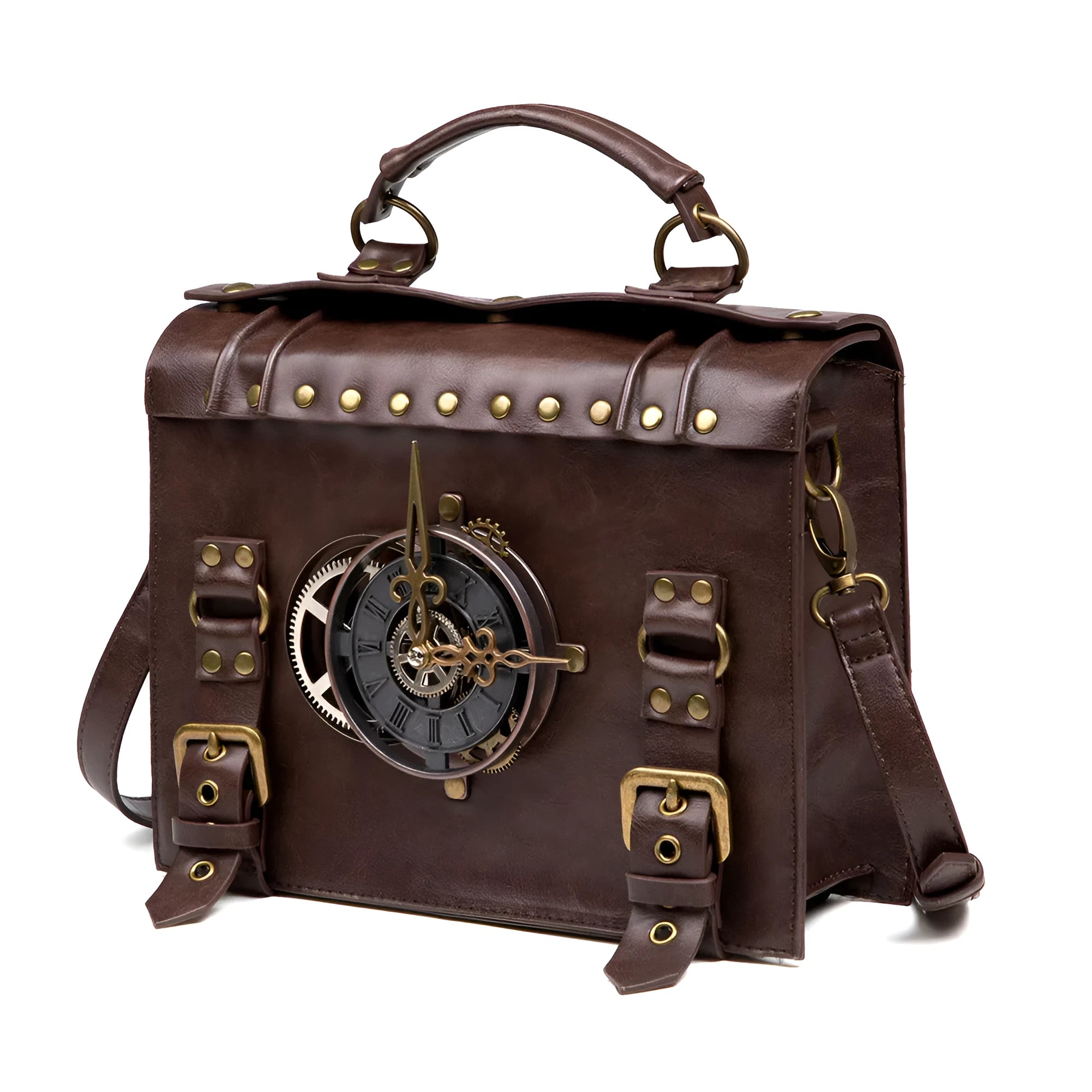 Bronze steampunk industrial retro style shoulder bag showing metal hardware details and pillow bag shape