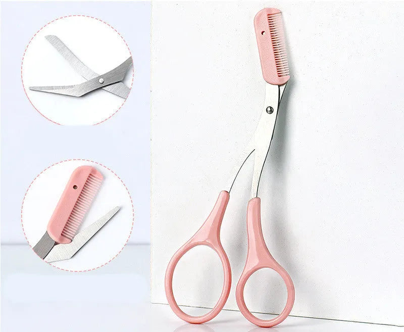 Close-up of a white and pink eyebrow trimming knife with a small comb attached on a plain background.