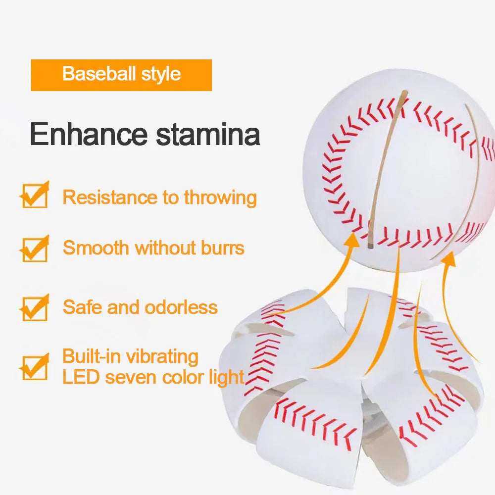 Interactive glowing dog toy ball that transforms to flying disc, shown in orange colour with 9cm diameter measurement