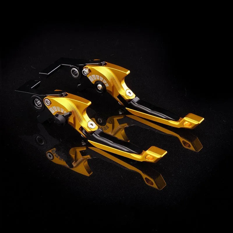 Pair of anodised metal motorcycle horn handle clutch levers with six-speed adjustable length, shown in a selection of colour finishes