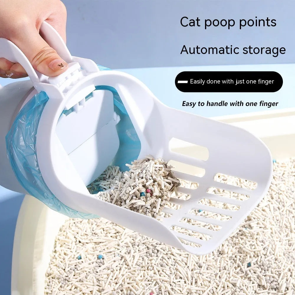 Grey cat litter scoop attached to a waste bin with a lid, showing foldable bottom and non-slip handle.