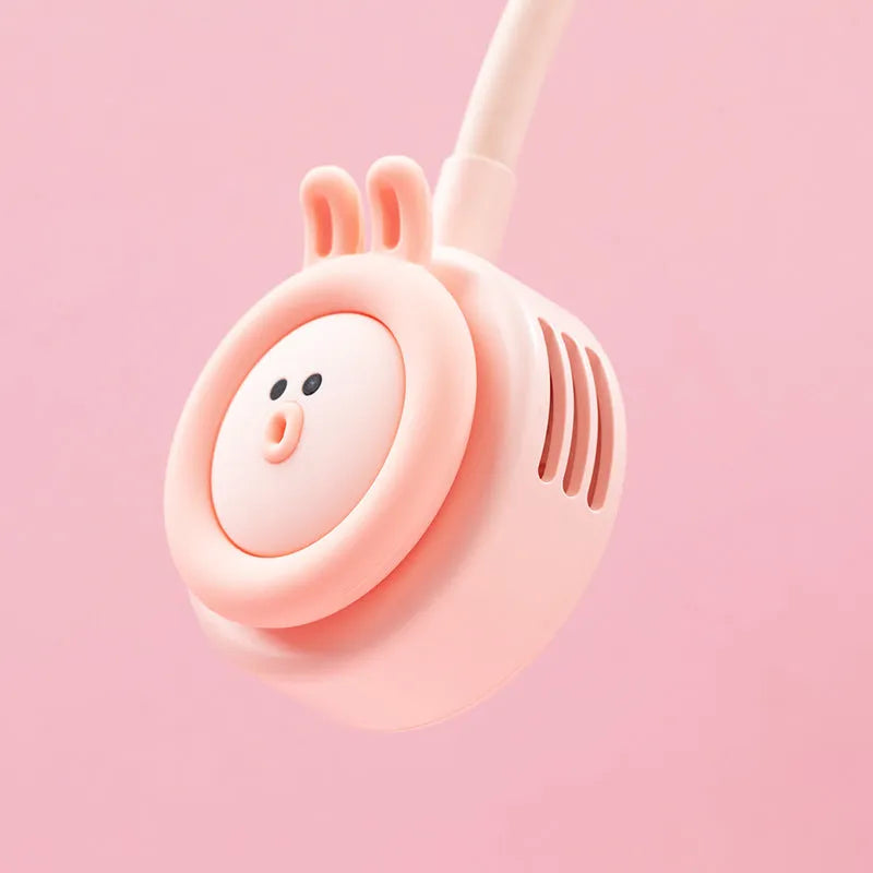 Pink leafless hanging neck fan showing folded design and USB charging port