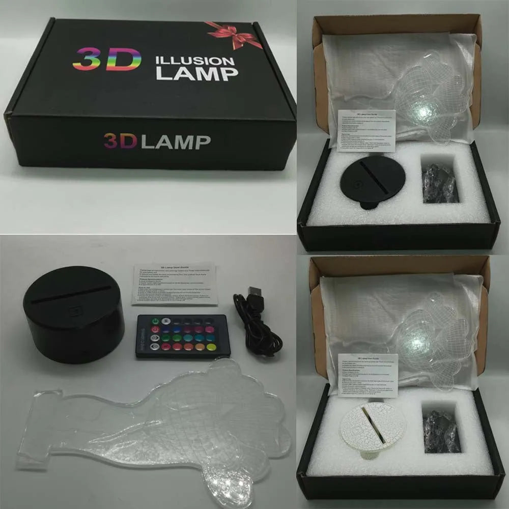 3D acrylic rose flower LED night light with remote control on a dark surface, showing colourful illumination.