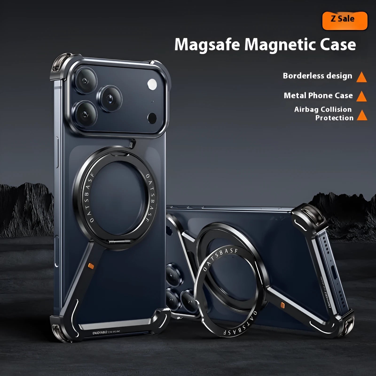 Black electroplated metal iPhone 17 Pro Max case with magnetic bracket visible on back