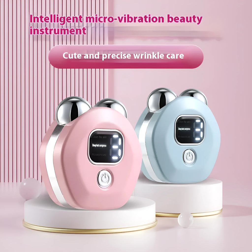 Portable hot compress and micro-current facial massage instrument in white, light blue, and pink colours with charging cable.