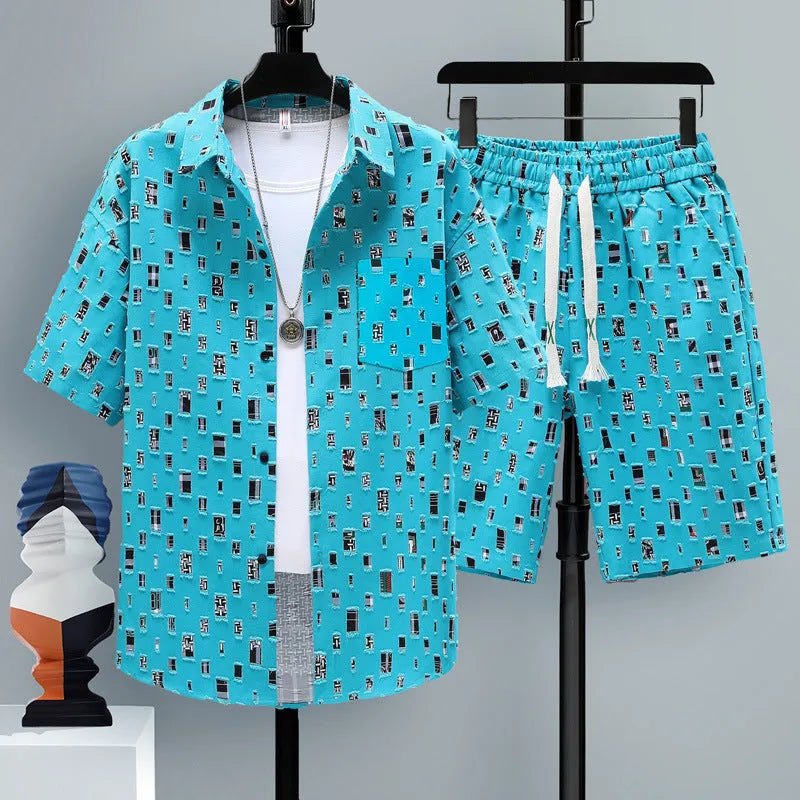 Men's grey casual polyester short-sleeve top and shorts two-piece set laid flat.