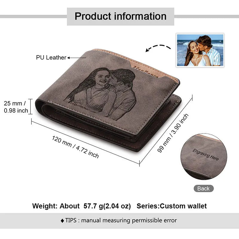 Engraved horizontal short wallet in coffee PU with seven card slots