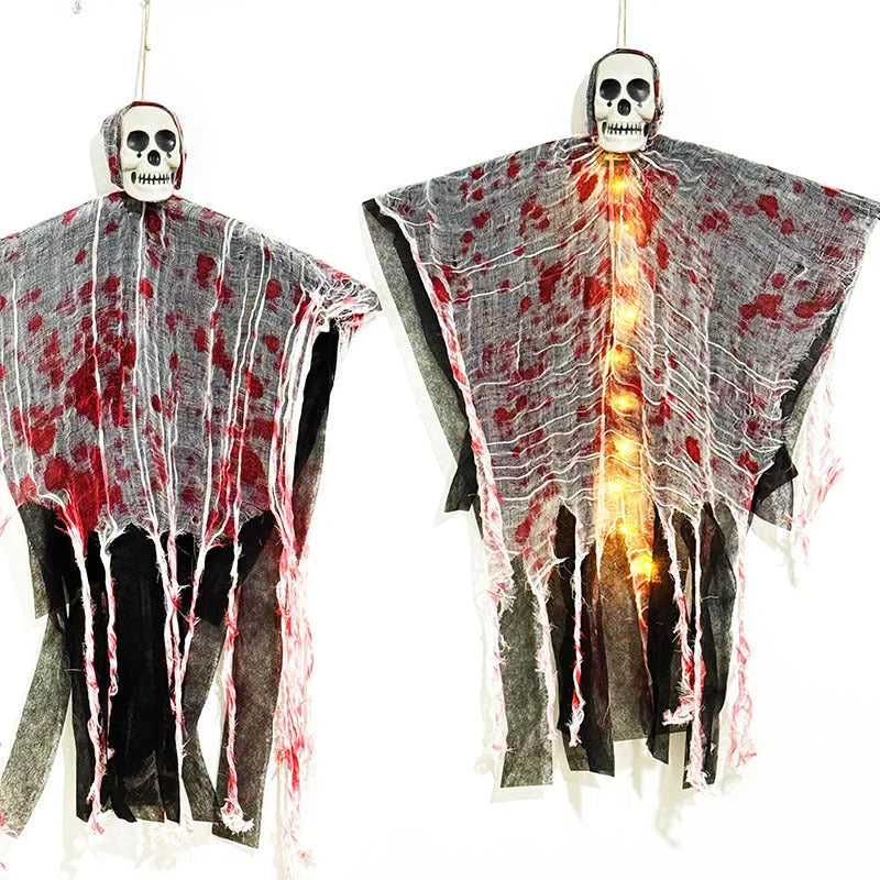 Halloween plastic hanging decoration showing blood-dyed luminous skull and ghost ornament for outdoor or indoor display