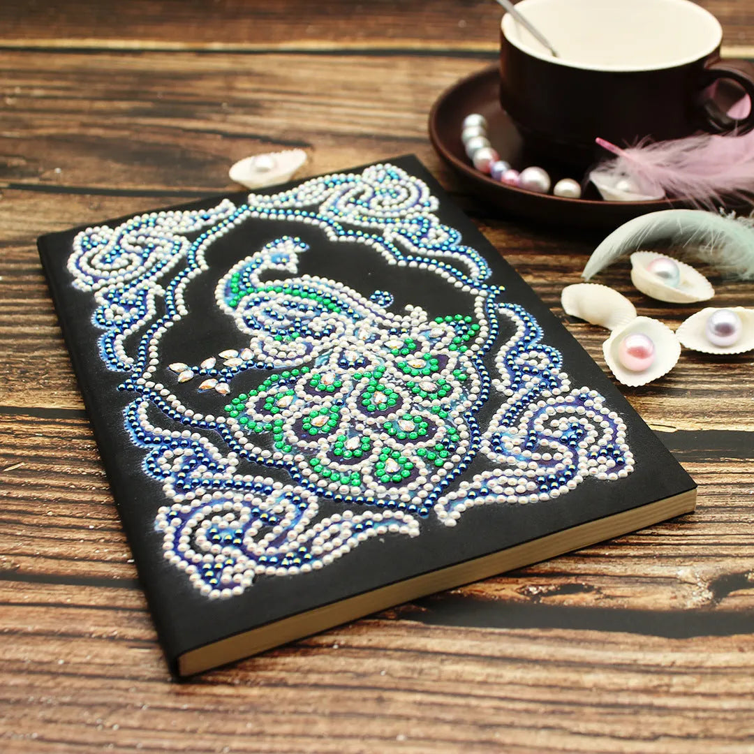 A5 peacock diamond painting notebook with shaped and bright drills, black cover, spiral binding