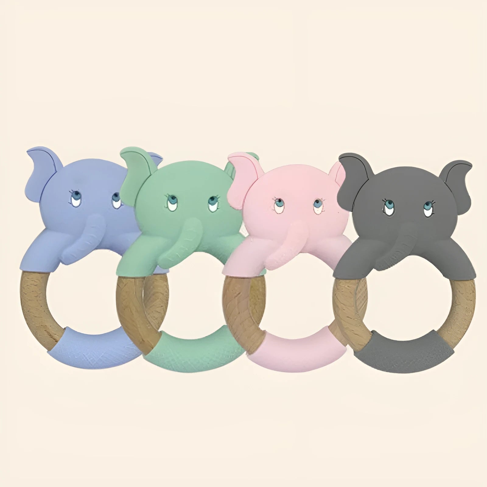 Blue elephant-shaped silicone teether on white background, made from 100% food grade silicone