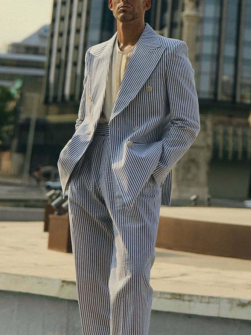 Blue and white striped polyester suit set with blazer and trousers for professional daily wear