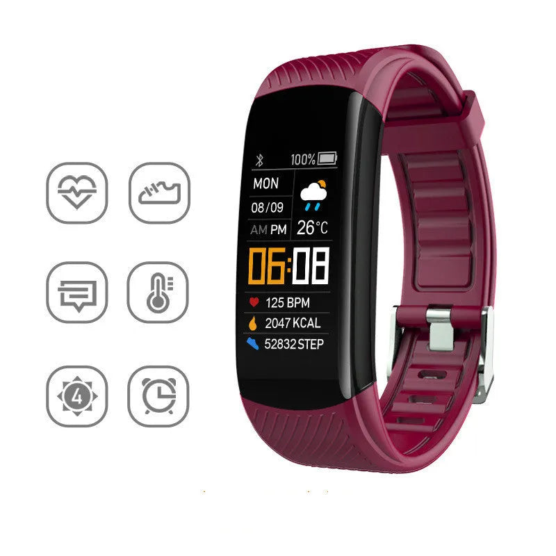 TPU sports pedometer bracelet on wrist showing 0.96-inch touch screen, available in multiple colours.
