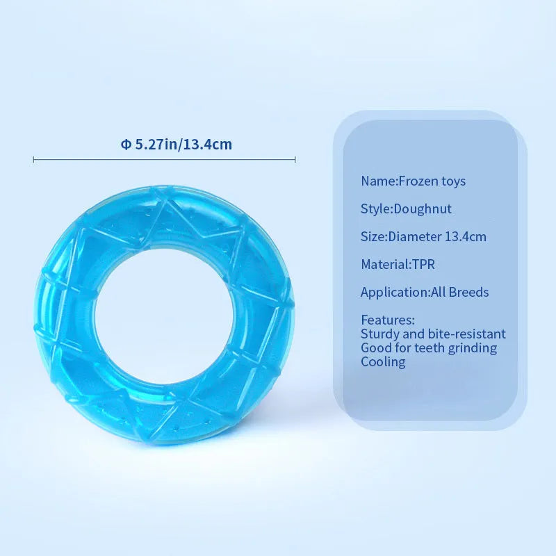 Set of three hollow silicone dog toys: a blue pacifier, a red popsicle, and a green ring for filling with water and freezing.