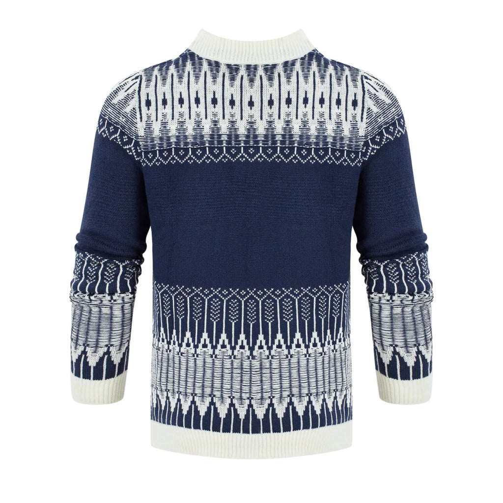 Men's grey knitted crew neck pullover sweater on a hanger.