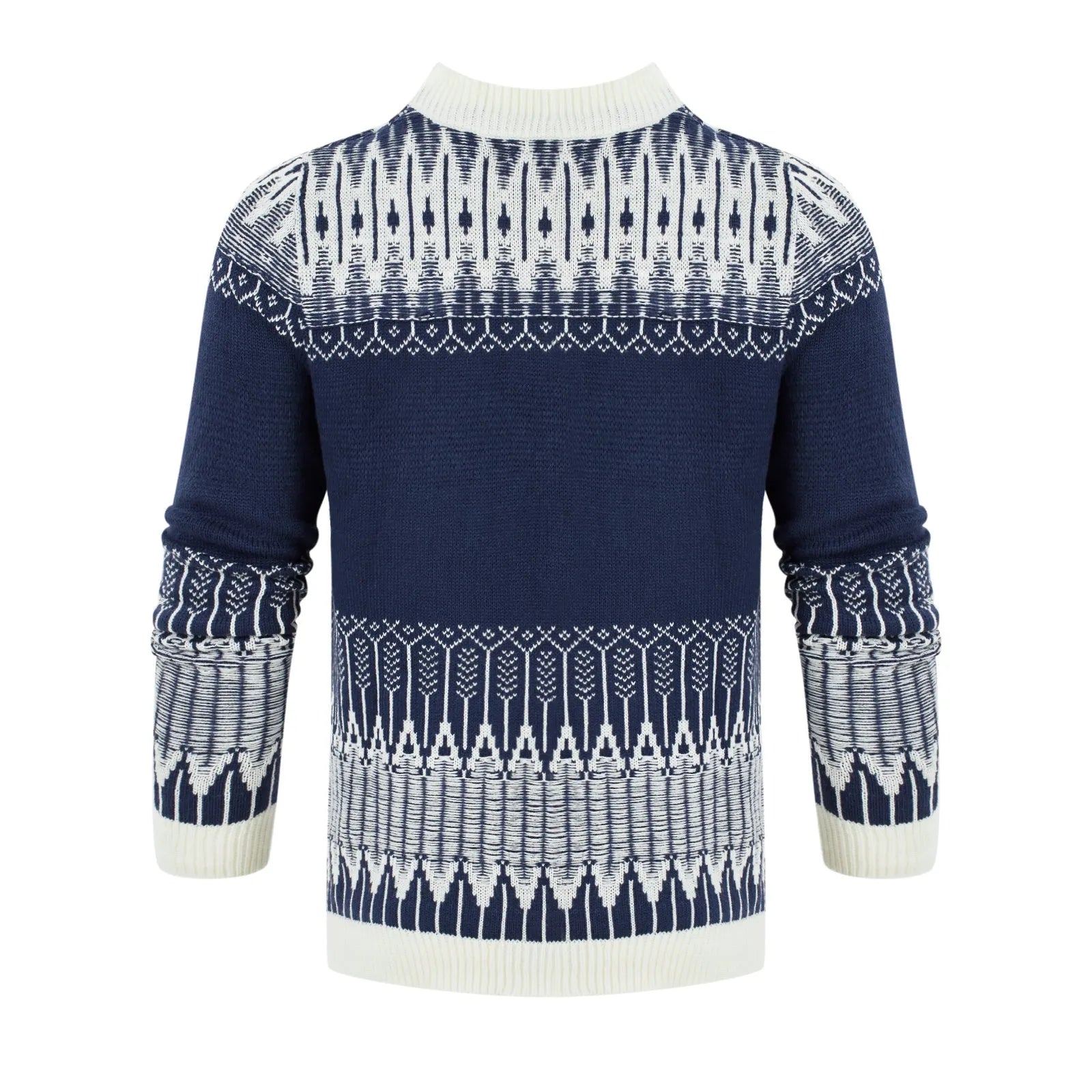 Men's grey knitted crew neck pullover sweater on a hanger.